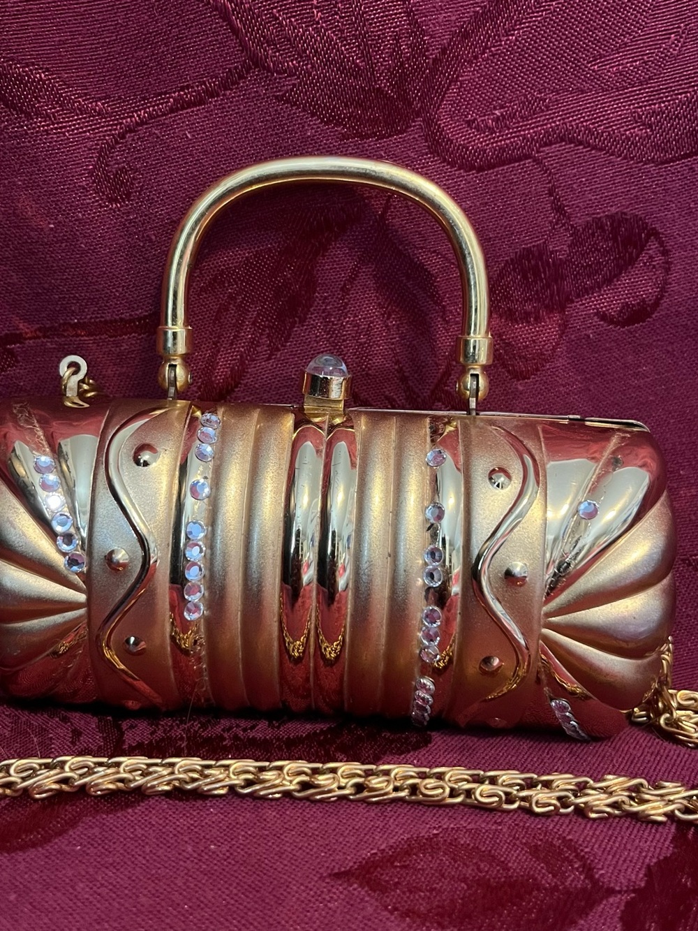 Gold Metallic Embellished Evening Clutch with Chain Strap
